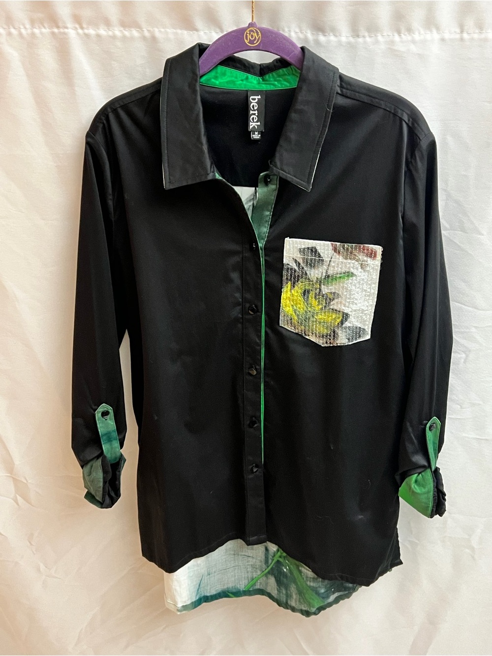 Berek Women’s M Black Green Floral Art Print Sequin Pocket Tunic Shirt